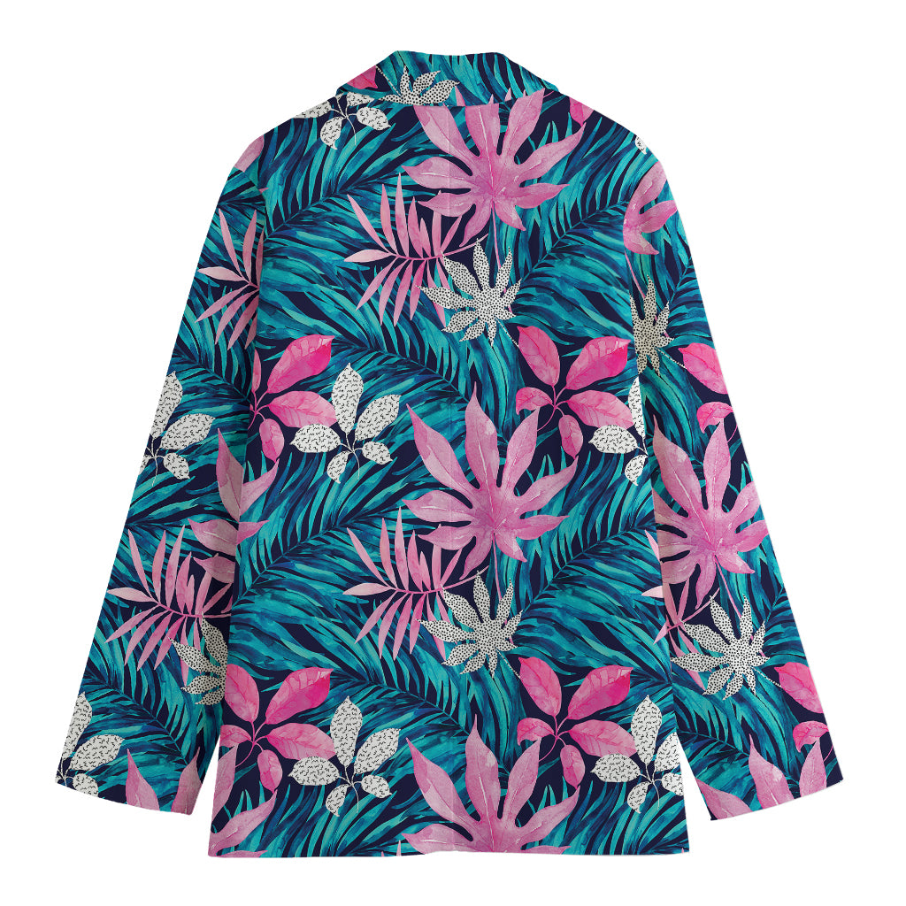 Blue And Pink Watercolor Hawaiian Print Women's Cotton Blazer