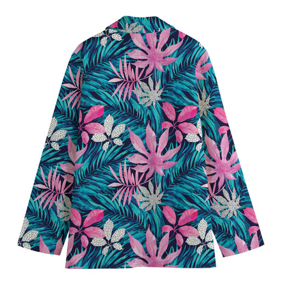 Blue And Pink Watercolor Hawaiian Print Women's Cotton Blazer