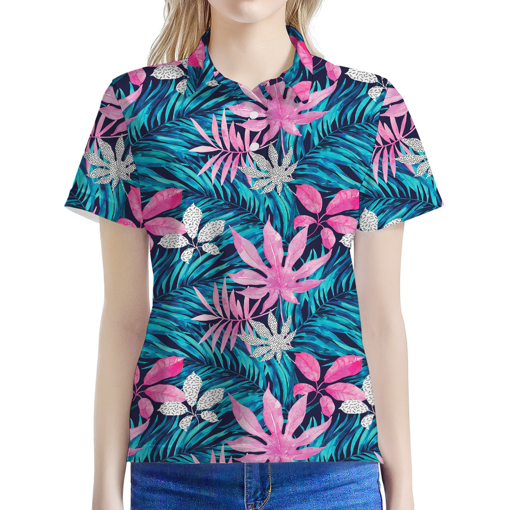 Blue And Pink Watercolor Hawaiian Print Women's Polo Shirt