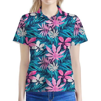 Blue And Pink Watercolor Hawaiian Print Women's Polo Shirt