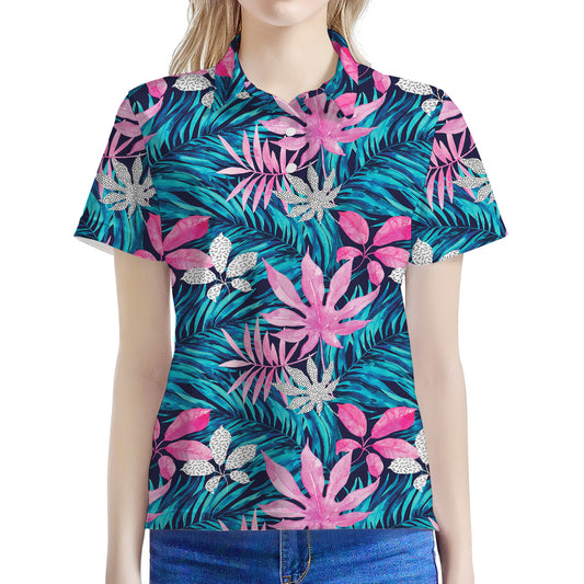 Blue And Pink Watercolor Hawaiian Print Women's Polo Shirt