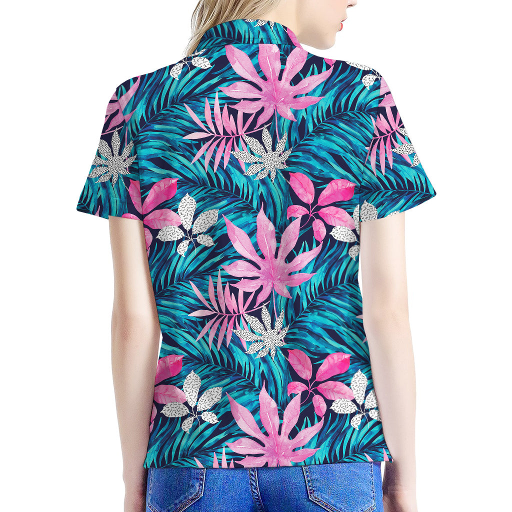 Blue And Pink Watercolor Hawaiian Print Women's Polo Shirt
