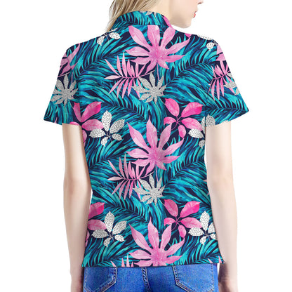 Blue And Pink Watercolor Hawaiian Print Women's Polo Shirt