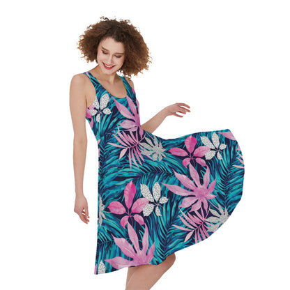 Blue And Pink Watercolor Hawaiian Print Women's Sleeveless Dress