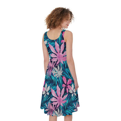 Blue And Pink Watercolor Hawaiian Print Women's Sleeveless Dress