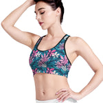 Blue And Pink Watercolor Hawaiian Print Women's Sports Bra