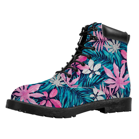 Blue And Pink Watercolor Hawaiian Print Work Boots