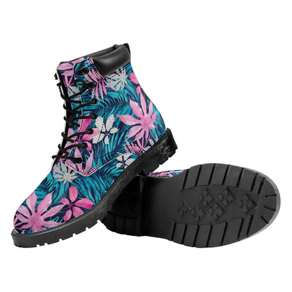 Blue And Pink Watercolor Hawaiian Print Work Boots