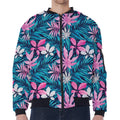 Blue And Pink Watercolor Hawaiian Print Zip Sleeve Bomber Jacket