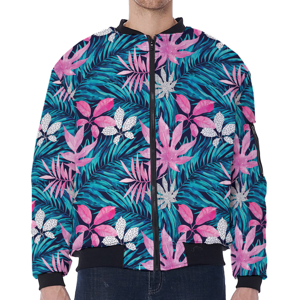 Blue And Pink Watercolor Hawaiian Print Zip Sleeve Bomber Jacket