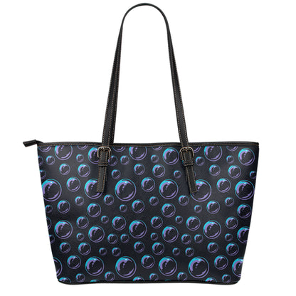 Blue And Purple Bubble Pattern Print Leather Tote Bag