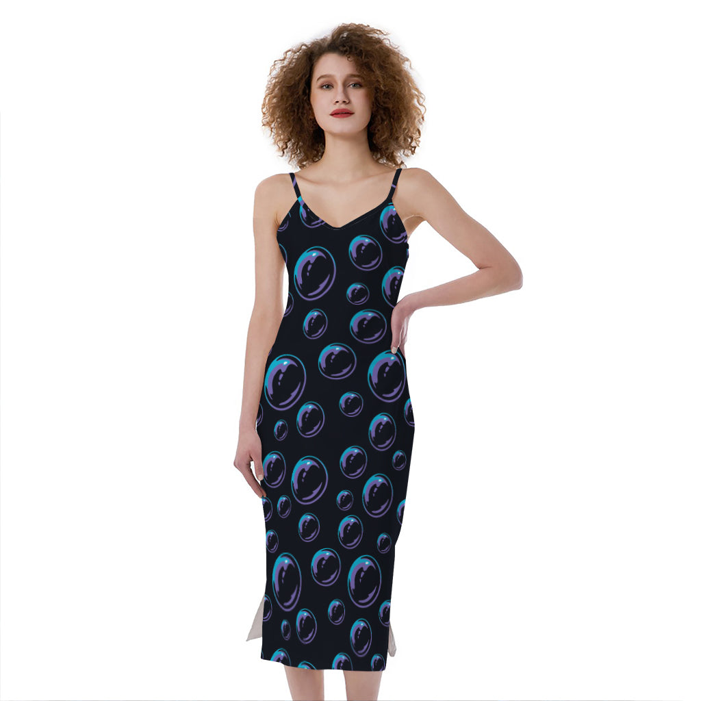 Blue And Purple Bubble Pattern Print Slim Fit Midi Cami Dress