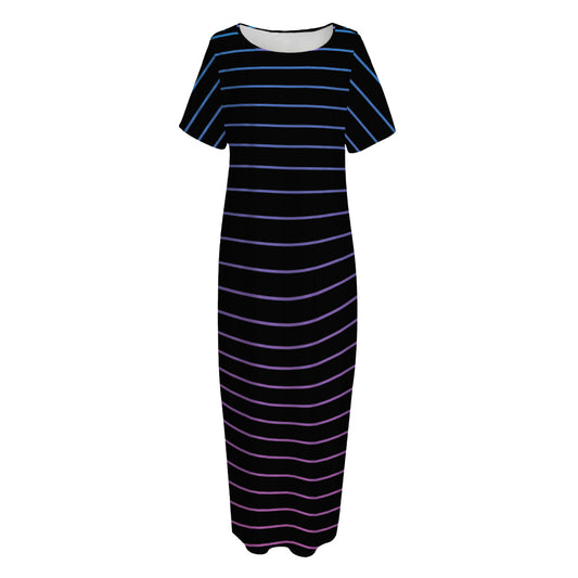 Blue And Purple EDM Wave Print Short Sleeve Long Nightdress