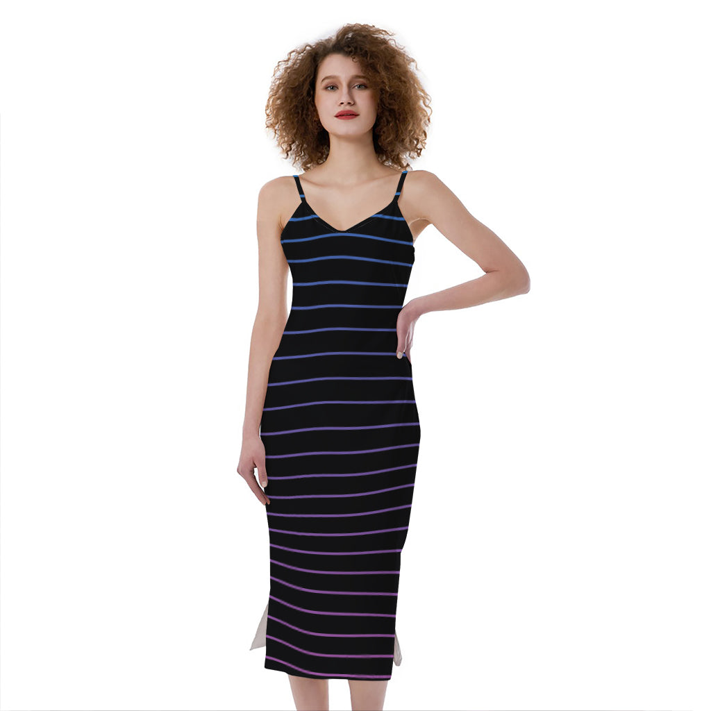 Blue And Purple EDM Wave Print Slim Fit Midi Cami Dress