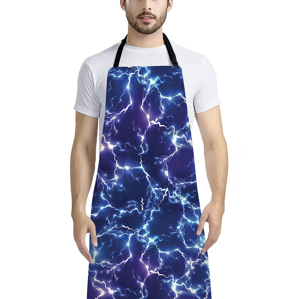 Blue And Purple Lightning Print Bib Apron With Pocket