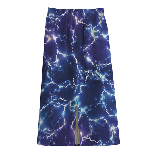 Blue And Purple Lightning Print Cotton Front Slit Maxi Skirt