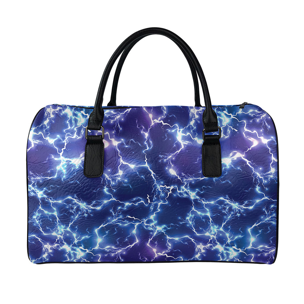 Blue And Purple Lightning Print Leather Duffle Bag