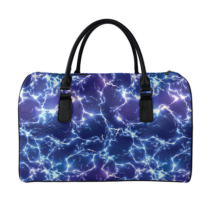 Blue And Purple Lightning Print Leather Duffle Bag