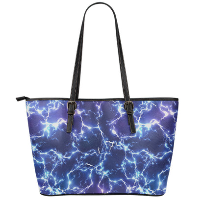 Blue And Purple Lightning Print Leather Tote Bag
