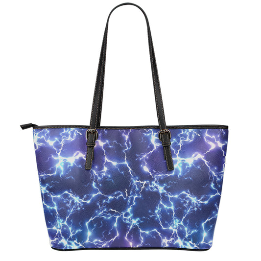 Blue And Purple Lightning Print Leather Tote Bag