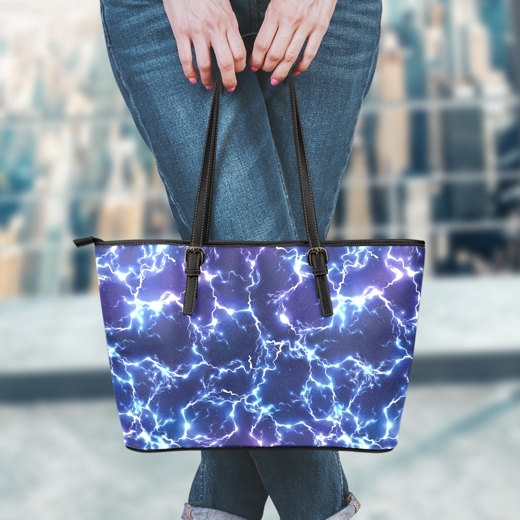 Blue And Purple Lightning Print Leather Tote Bag