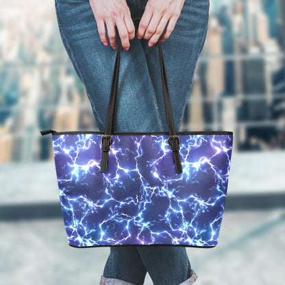Blue And Purple Lightning Print Leather Tote Bag