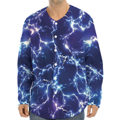 Blue And Purple Lightning Print Long Sleeve Baseball Jersey