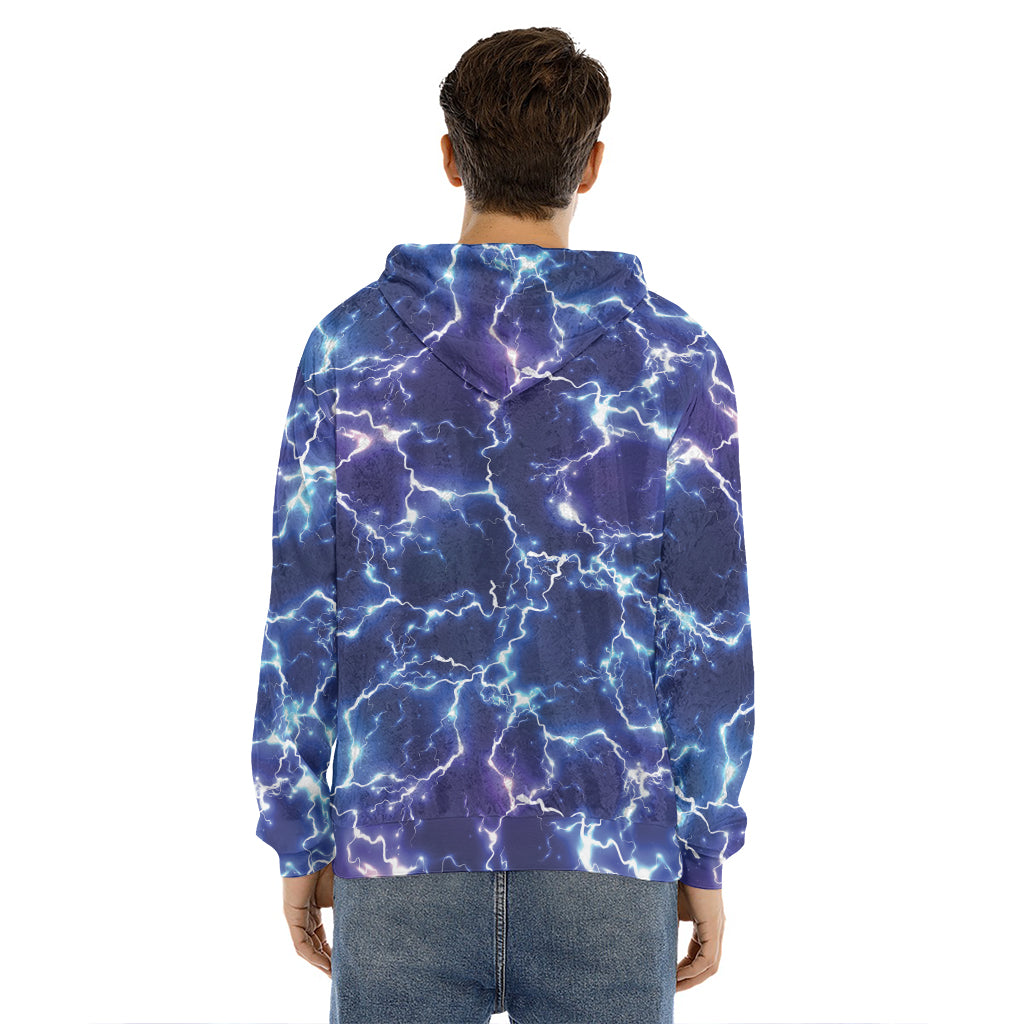 Blue And Purple Lightning Print Men's Velvet Pullover Hoodie
