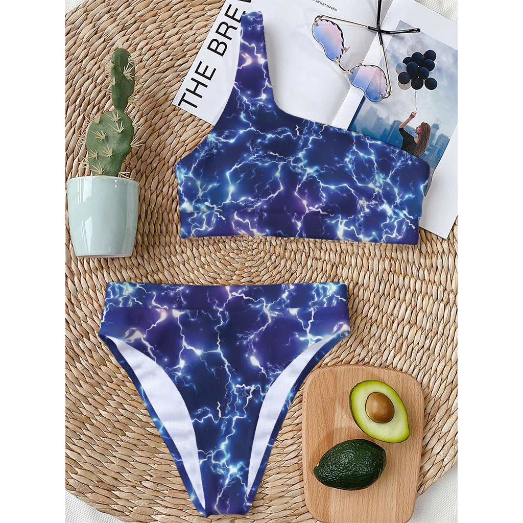 Blue And Purple Lightning Print One Shoulder Bikini Top