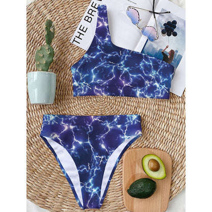 Blue And Purple Lightning Print One Shoulder Bikini Top