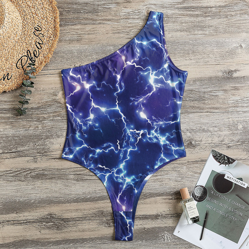 Blue And Purple Lightning Print One Shoulder Bodysuit