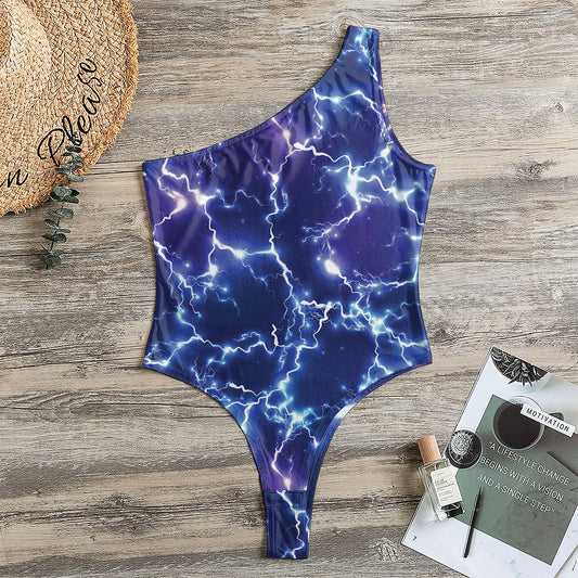 Blue And Purple Lightning Print One Shoulder Bodysuit