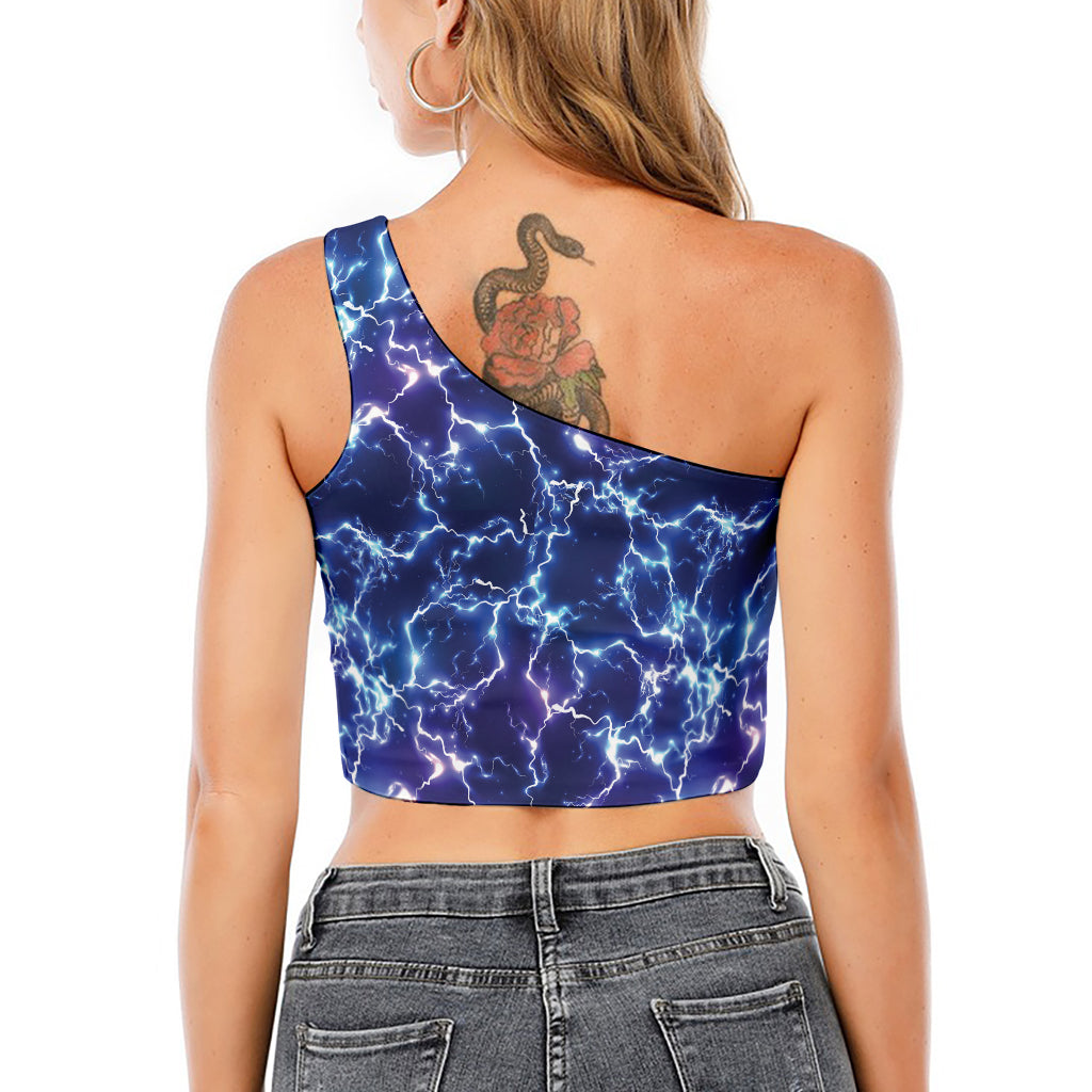 Blue And Purple Lightning Print One Shoulder Crop Top