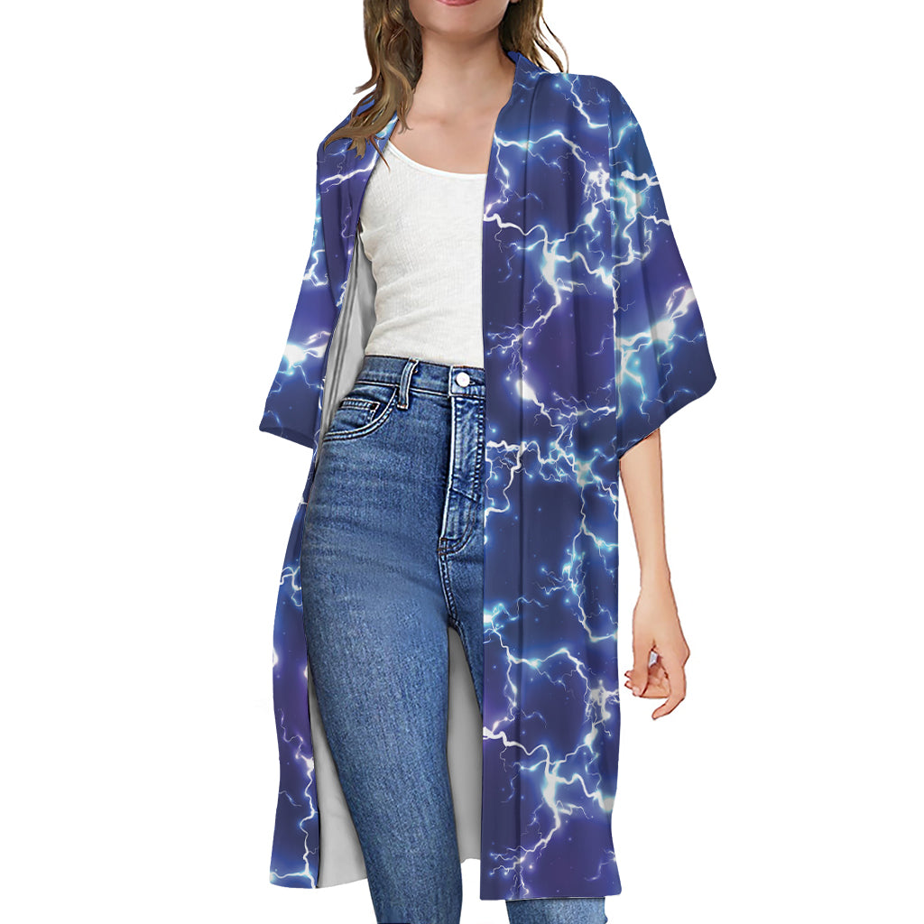 Blue And Purple Lightning Print Open Front Beach Cover Up