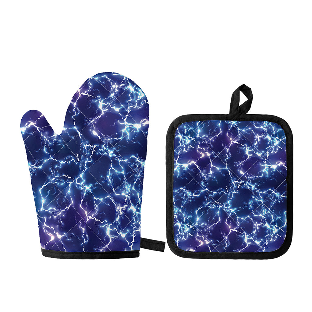 Blue And Purple Lightning Print Oven Mitt And Pot Holder Set