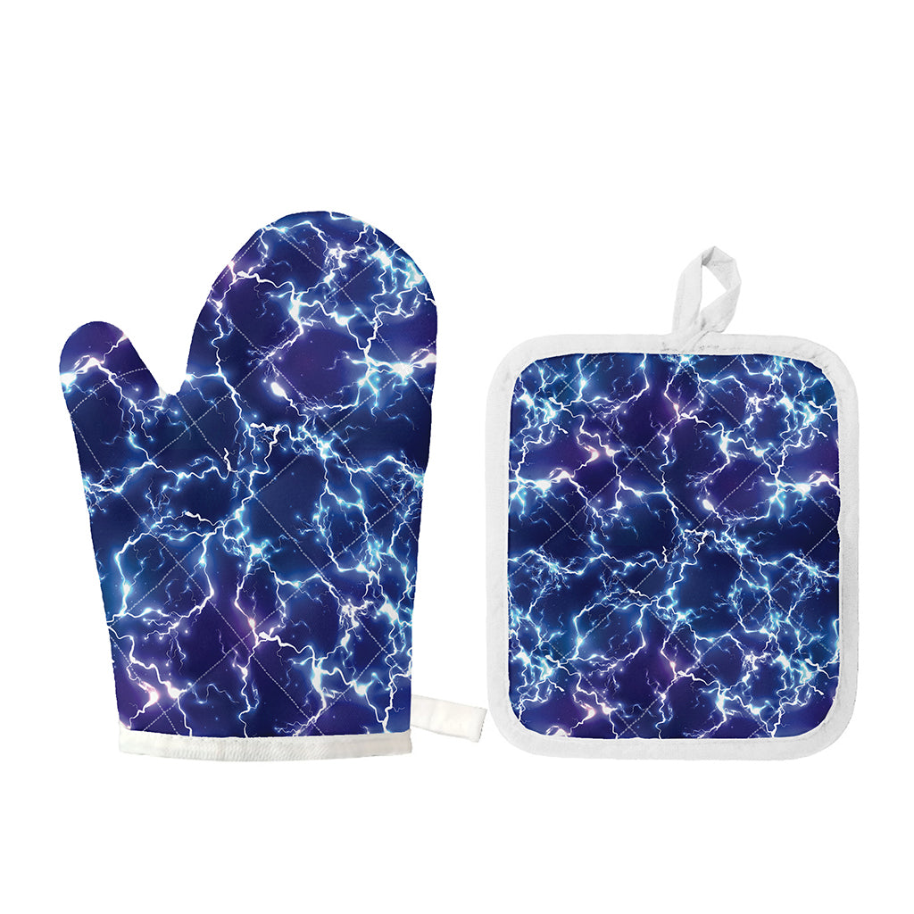 Blue And Purple Lightning Print Oven Mitt And Pot Holder Set