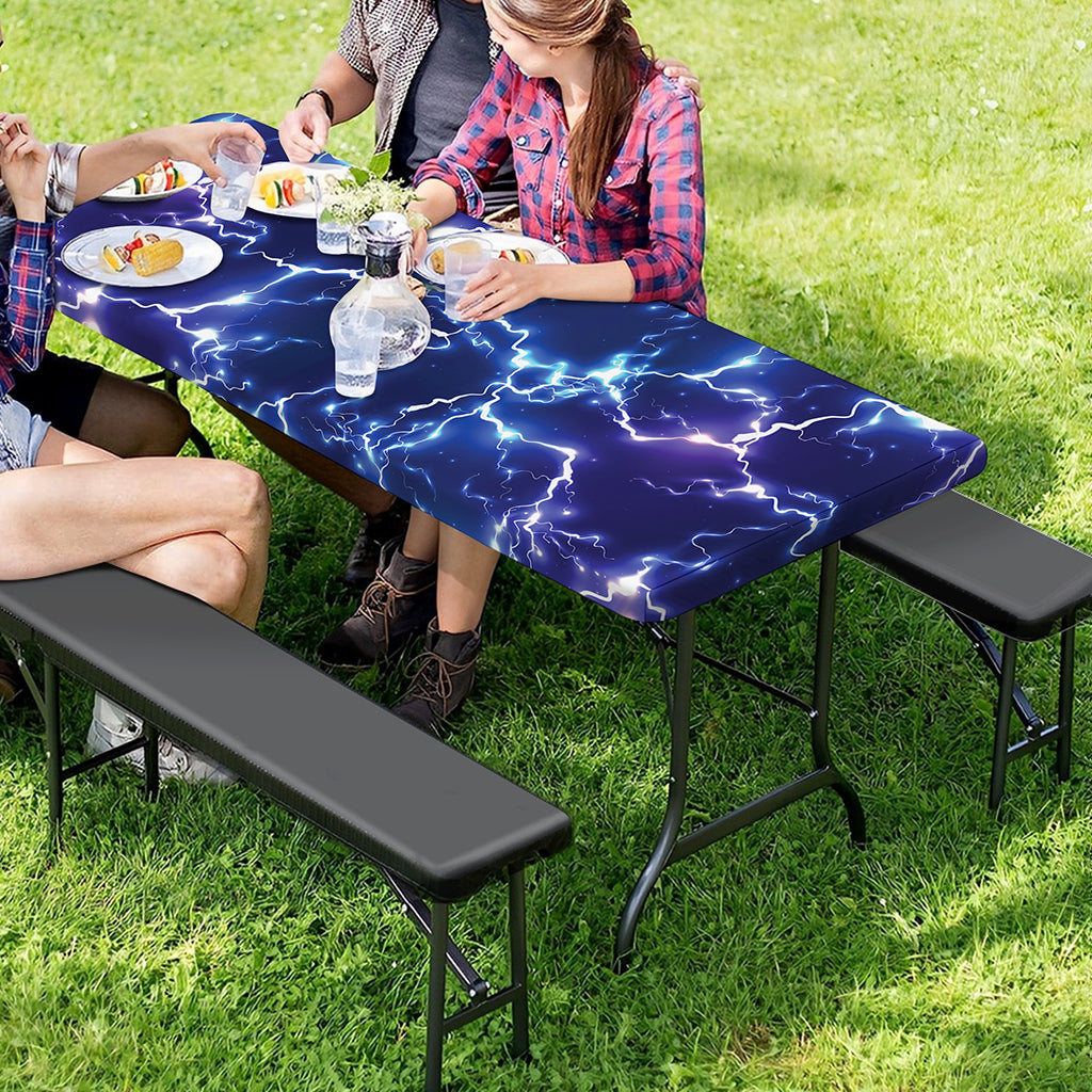 Blue And Purple Lightning Print Picnic Table Cover