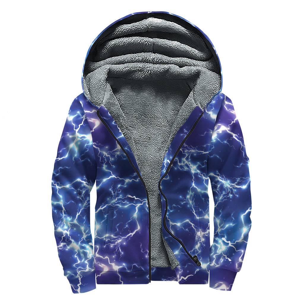 Blue And Purple Lightning Print Sherpa Lined Zip Up Hoodie