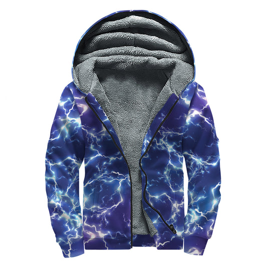 Blue And Purple Lightning Print Sherpa Lined Zip Up Hoodie