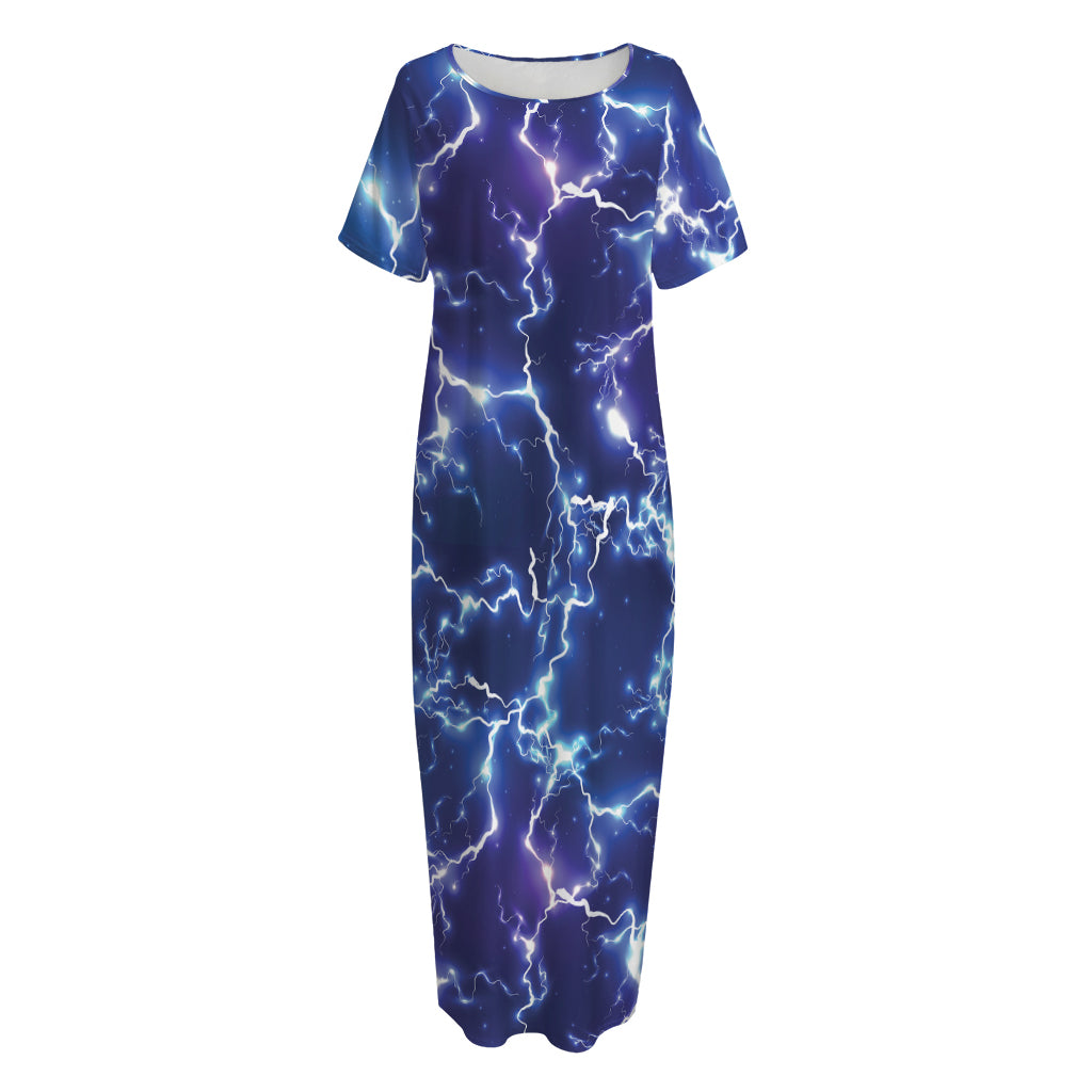 Blue And Purple Lightning Print Short Sleeve Long Nightdress