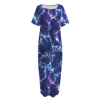 Blue And Purple Lightning Print Short Sleeve Long Nightdress
