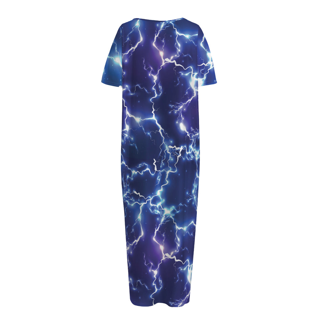Blue And Purple Lightning Print Short Sleeve Long Nightdress