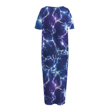 Blue And Purple Lightning Print Short Sleeve Long Nightdress