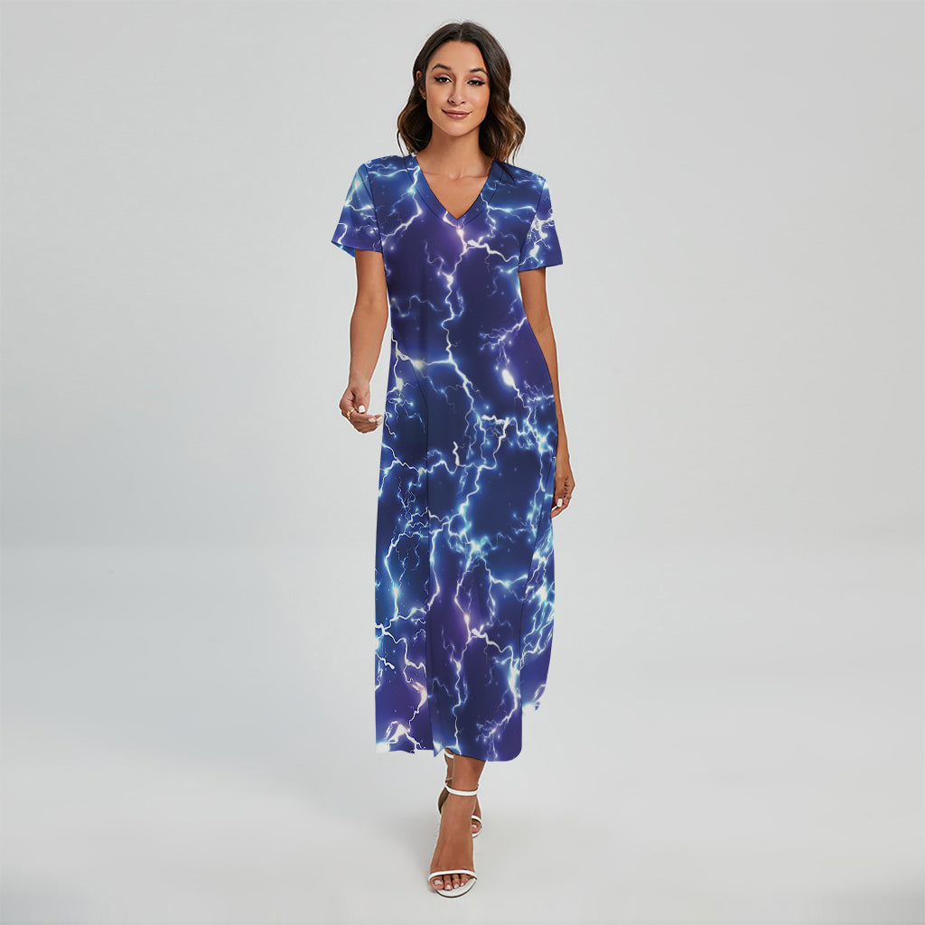 Blue And Purple Lightning Print Short Sleeve Maxi Dress