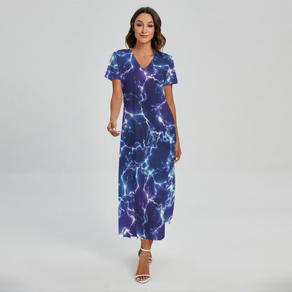 Blue And Purple Lightning Print Short Sleeve Maxi Dress