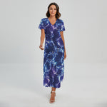 Blue And Purple Lightning Print Short Sleeve Maxi Dress