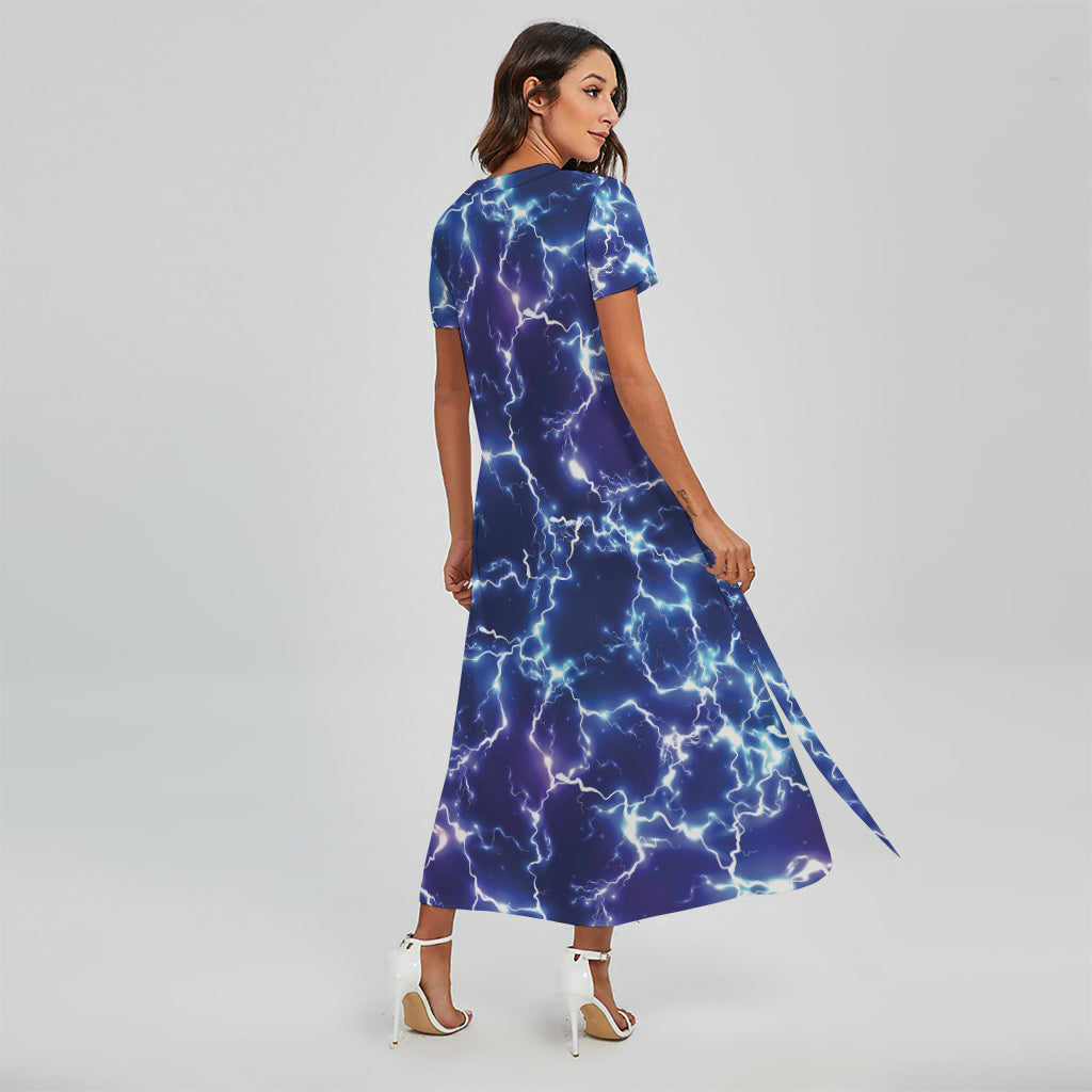 Blue And Purple Lightning Print Short Sleeve Maxi Dress