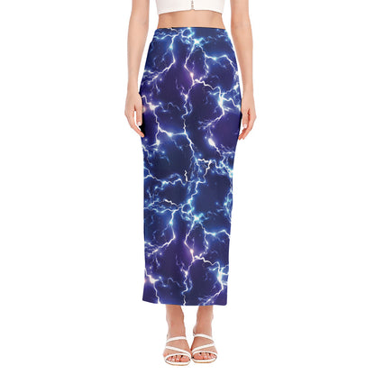Blue And Purple Lightning Print Side Slit Maxi Skirt