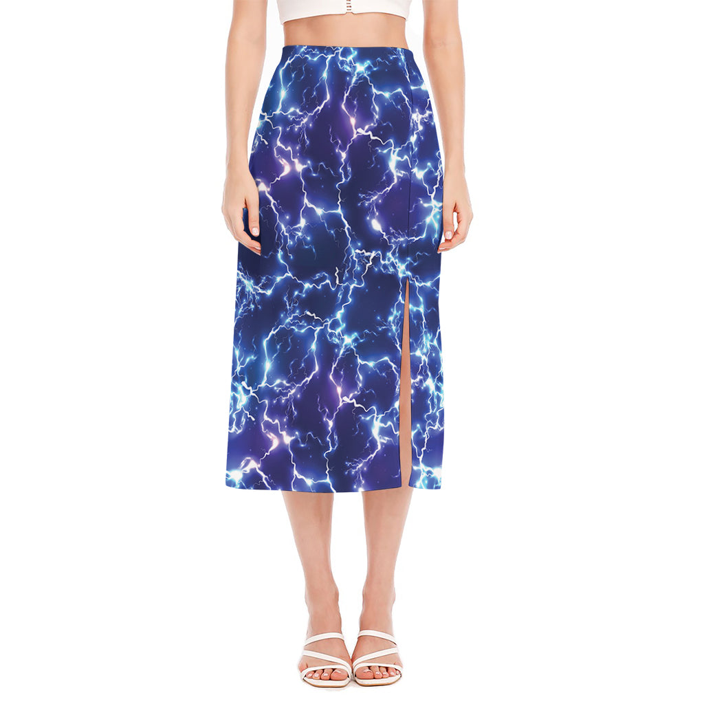 Blue And Purple Lightning Print Side Slit Midi Skirt
