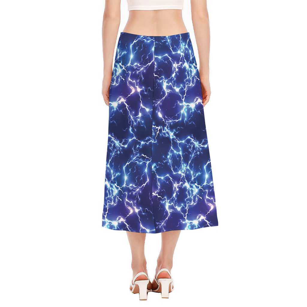 Blue And Purple Lightning Print Side Slit Midi Skirt